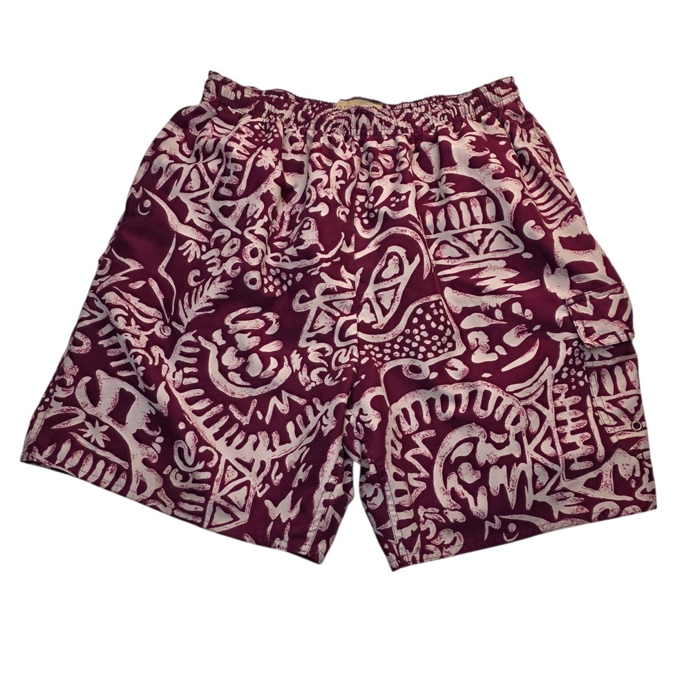 Naturalife Swim Trunks Mens M Red Hawaiian Surf Beach Elastic‎ Lined Mesh Pocket
